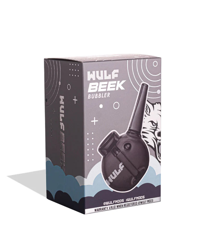front packaging view of smoke wulf mods beek bubbler showing variant image, glass color, and product specs