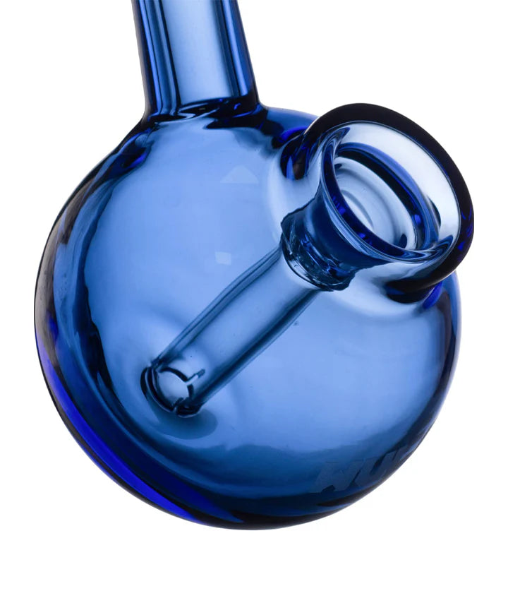 blue wulf mods beek bubbler displayed from a top angled perspective showcasing the wide mouthpiece and rounded borosilicate basin