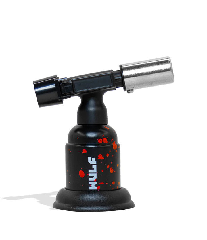 Wulf Mods Blast Torch – Black with Red Splatter design, durable butane torch with trigger lock safety.