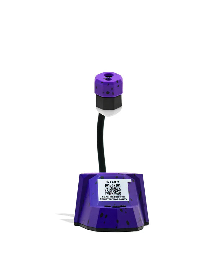 Front shot of the Dab Rite x Wulf Mods Pro thermometer in Purple–Black Splatter with arm elevated vertically and screen area visible on base.