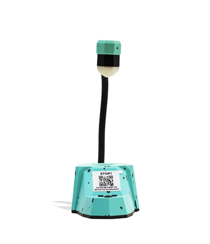 Front view of Dab Rite x Wulf Mods Pro IR Thermometer in Teal–Black Splatter with 10-inch adjustable arm standing straight above the base and full-color display area visible.