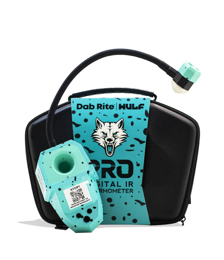 Dab Rite x Wulf Mods Pro Digital IR Thermometer Teal–Black Splatter displayed with included protective carrying case and branded accessories.