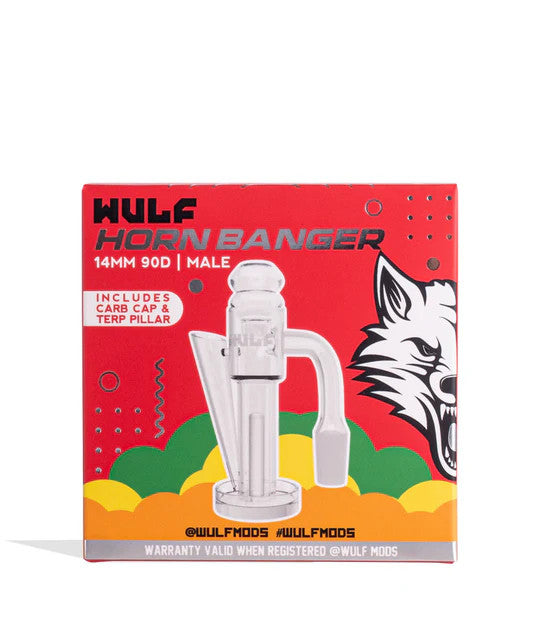 Wulf Mods Horn Banger retail box displaying product artwork, 14mm male 90 degree joint details, and high airflow horn intake features