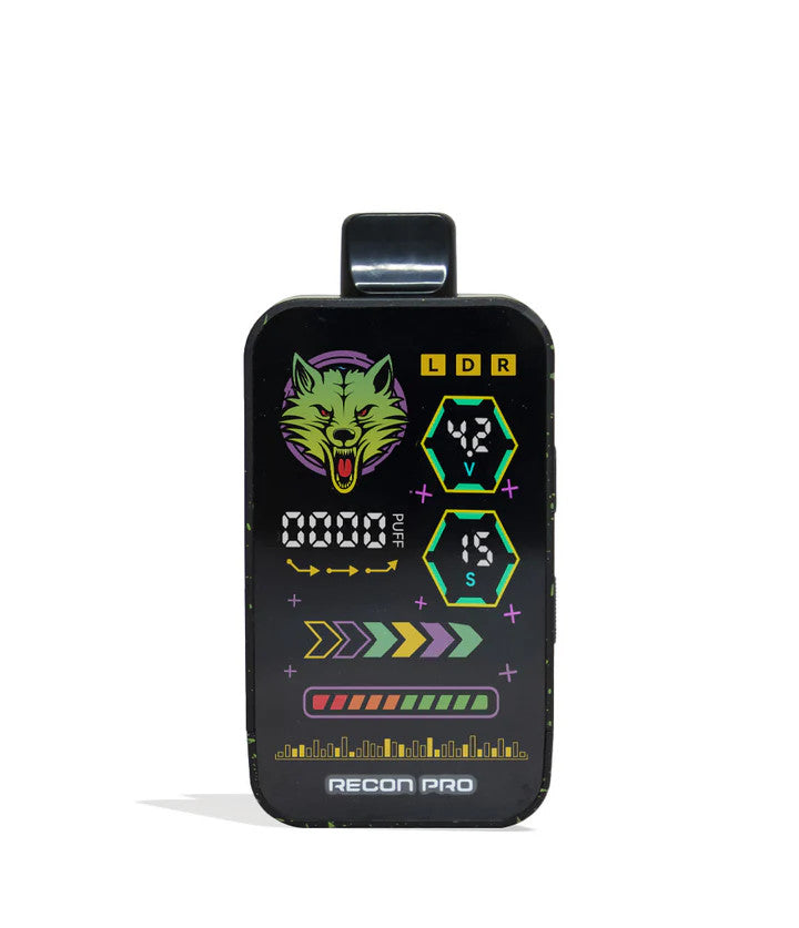 Wulf Mods Recon Pro Dual 510 Voltage Battery in Black &amp; Green Splatter, front display view showing voltage UI and compact rectangular body.