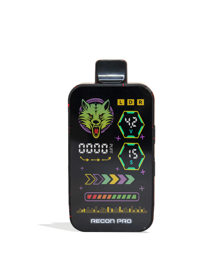 Front-facing image of Wulf Mods Recon Pro Battery in Black &amp; Red Splatter with bright LED interface.