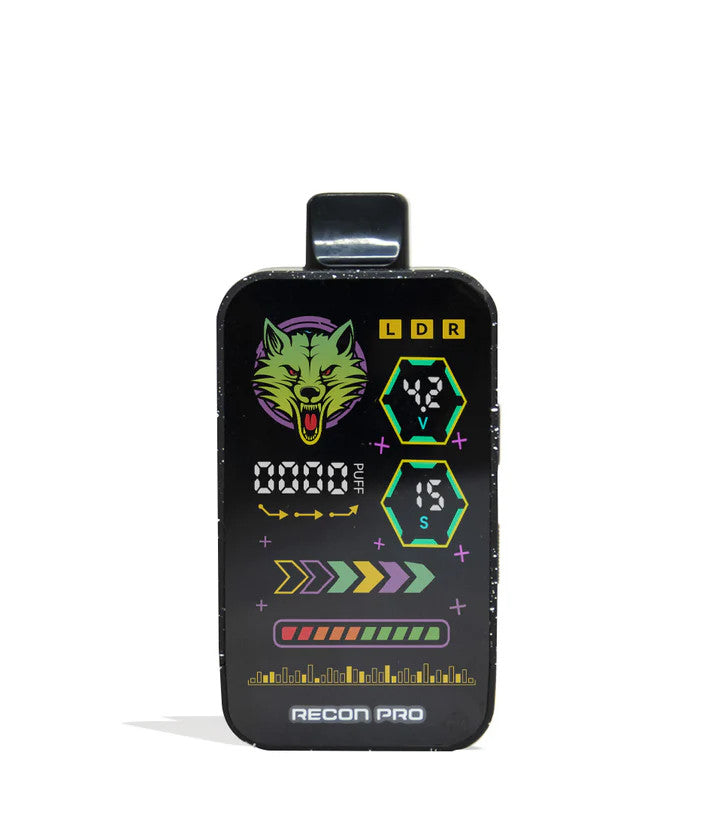 Wulf Mods Recon Pro Dual 510 Voltage Battery in Black &amp; White Splatter with full UI display visible.