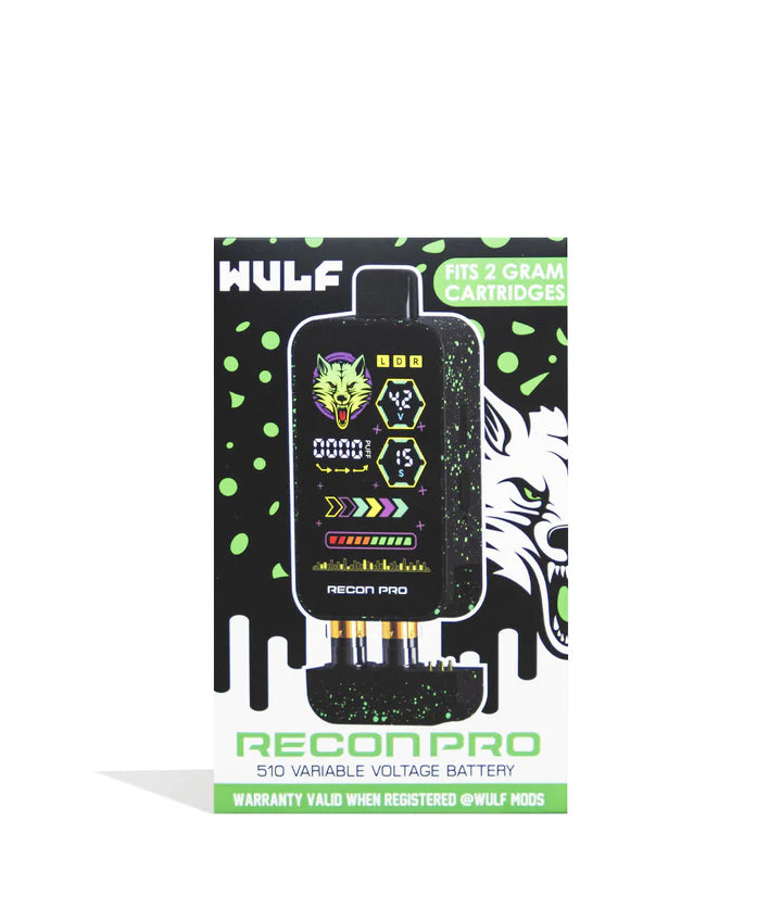 Retail packaging of Wulf Mods Recon Pro in Black & Green Splatter featuring device artwork and voltage control callouts.