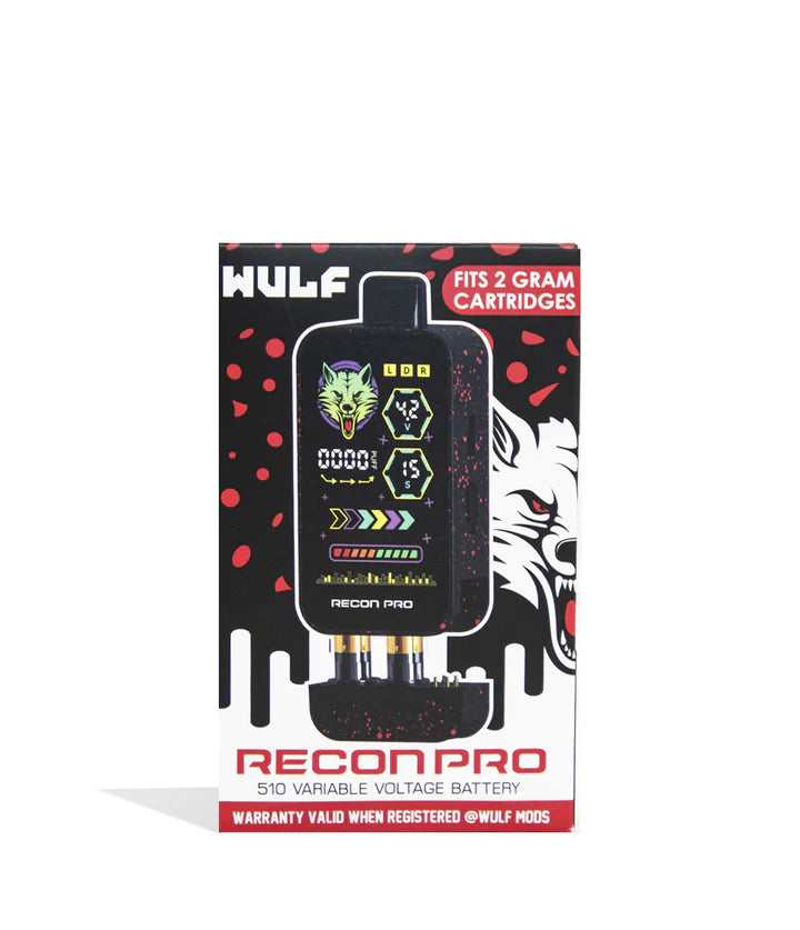Box packaging for Wulf Mods Recon Pro Black & Red Splatter with included device illustration.