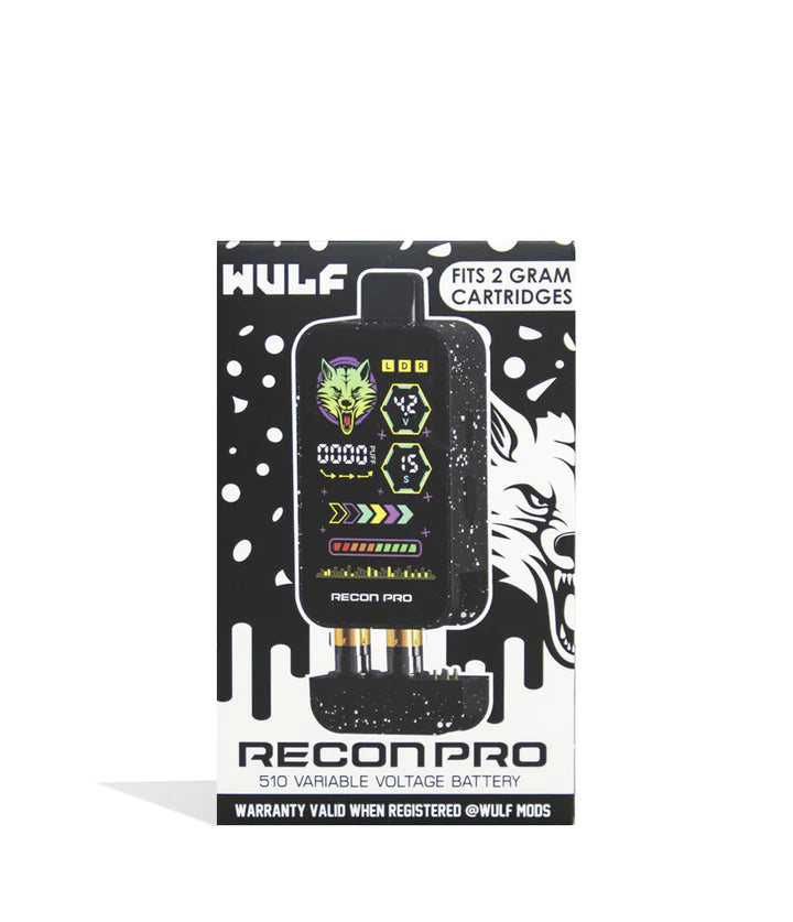 Retail packaging for Wulf Mods Recon Pro in Black & White Splatter showing device colorway and feature icons.