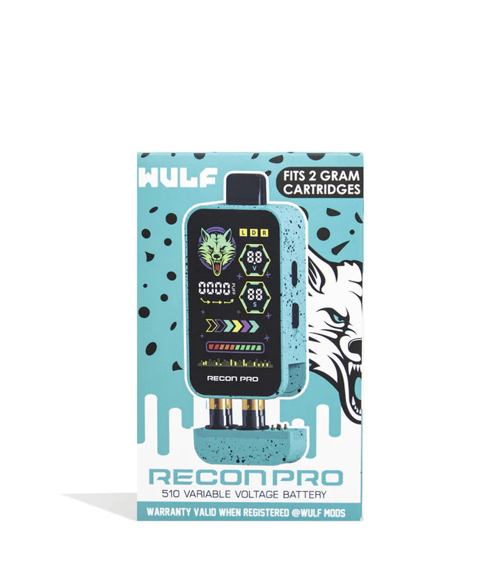 Retail box for Wulf Mods Recon Pro in Teal &amp; Black Splatter.