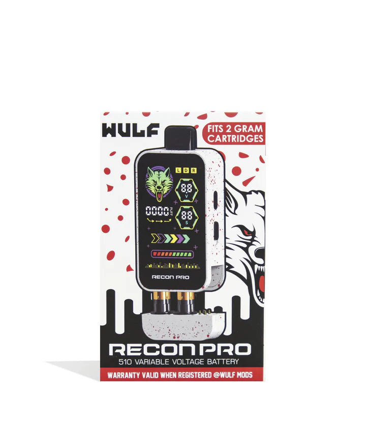 Retail packaging for Wulf Mods Recon Pro White &amp; Red Splatter variant.