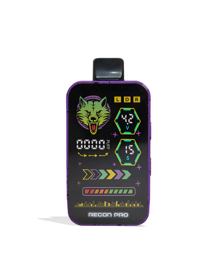 Front view of Purple &amp; Black Splatter Wulf Mods Recon Pro 510 Battery with display panel.
