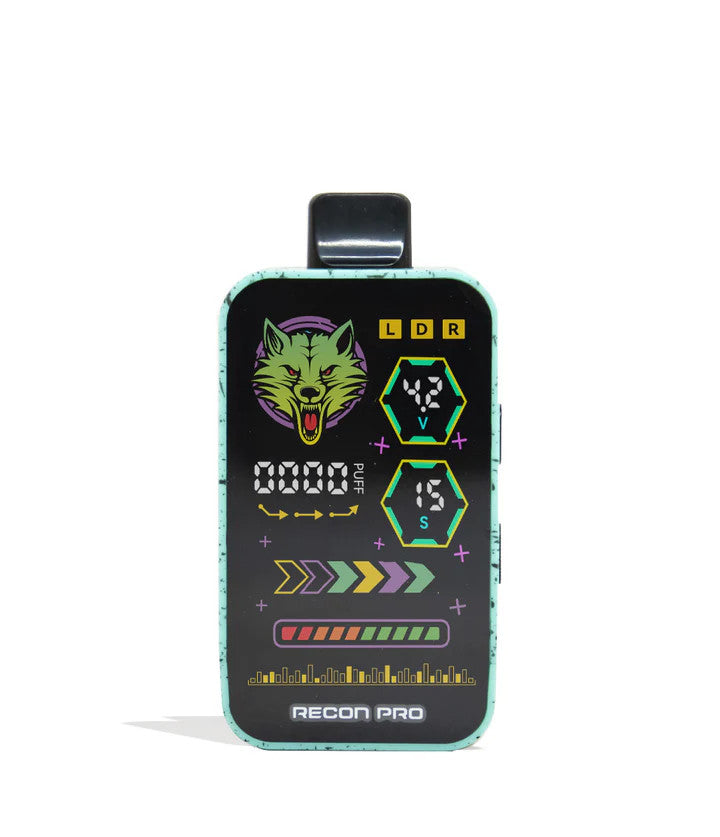 Front shot of Wulf Mods Recon Pro Battery in Teal & Black Splatter highlighting voltage display.