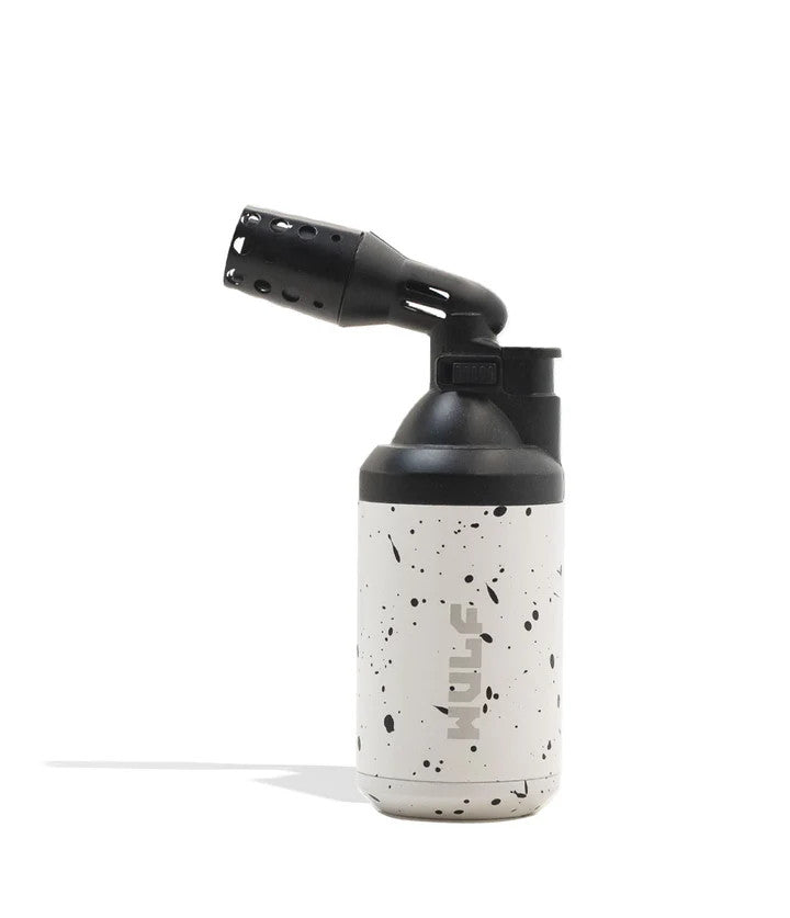 Wulf Mods Roar Torch – White with Black Splatter design, compact 2,372°F butane torch with side flame adjuster.