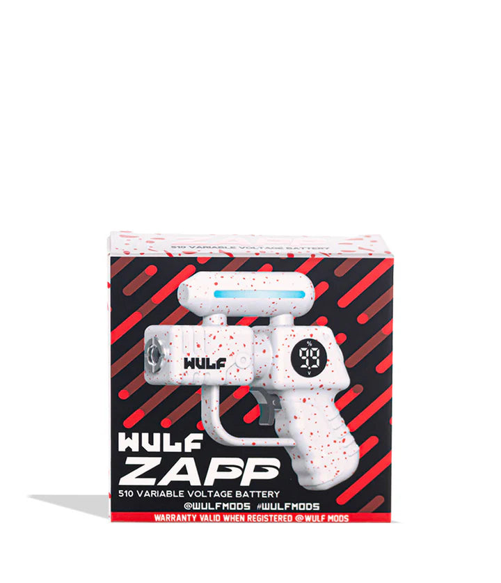 Retail packaging for Wulf Mods Zapp 510 Battery in White and Red Splatter with device artwork and feature callouts.