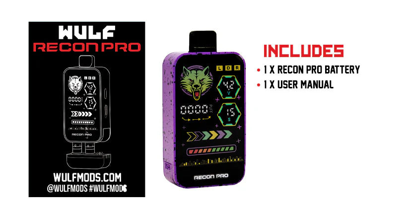 Contents list showing Recon Pro Battery and user manual.