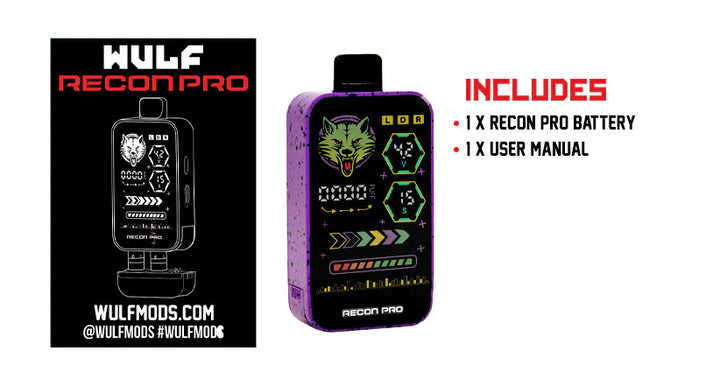 Contents list showing Recon Pro Battery and user manual.