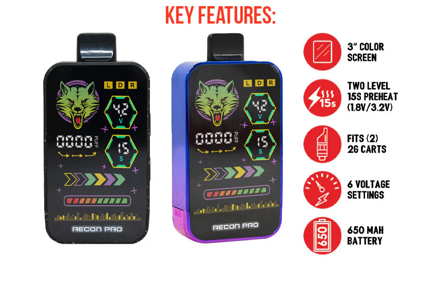 Feature sheet displaying Recon Pro battery modes, voltage range, LED indicators, and cartridge compatibility.