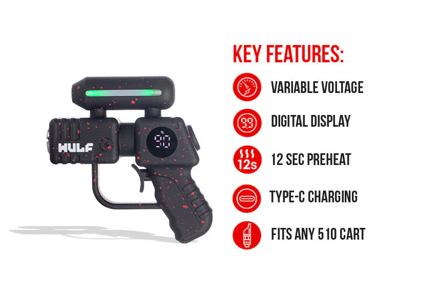 Feature sheet highlighting the Wulf Mods Zapp specs including adjustable temperature, LED feedback, Type-C charging, and trigger activation.