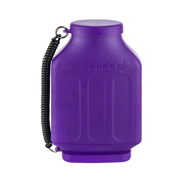 Smoke Buddy Jr. Air Purifier – Purple mini odor eliminator with detachable end caps and coiled wrist cord.