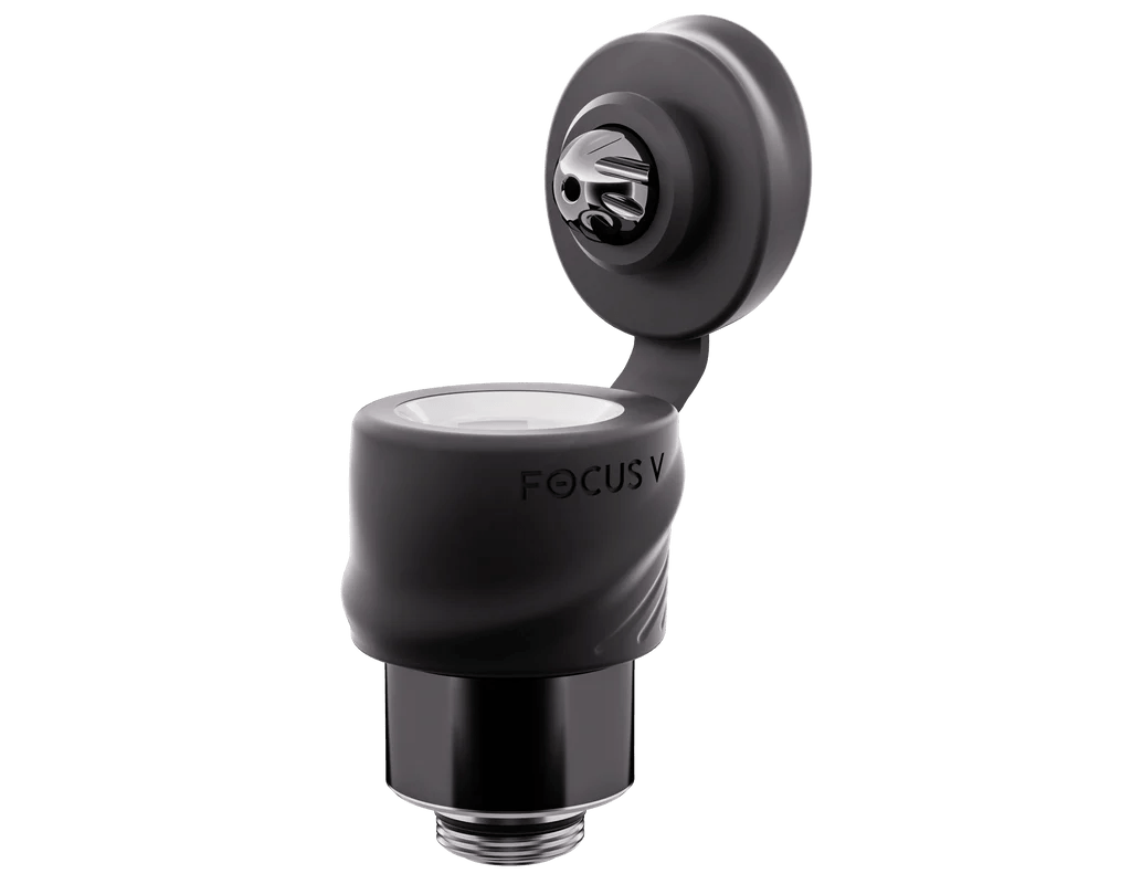 Open view of Focus V Intelli Core Max Atomizer showing ceramic heating chamber and durable black silicone grip.
