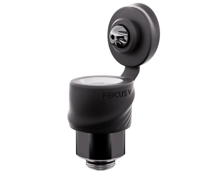 Open view of Focus V Intelli Core Max Atomizer showing ceramic heating chamber and durable black silicone grip.