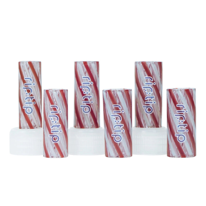 Poison Berry Gordo Scientific Rip Tips with yellow logo, reusable glass filter tips for joints, displayed upright on white caps.