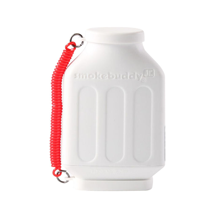 Smoke Buddy Jr. Personal Air Filter – White mini odor control device with red wrist cord.