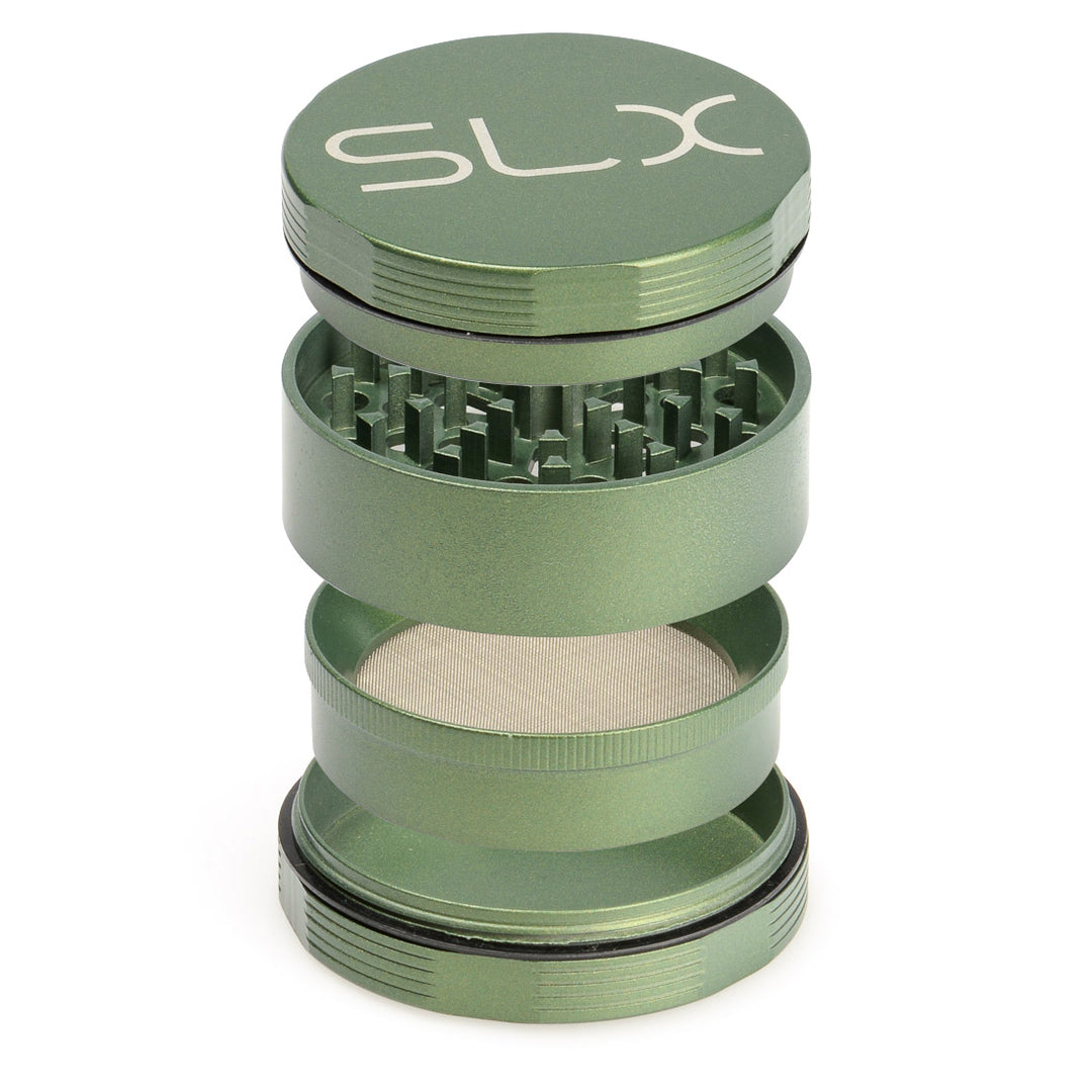 Exploded view of green SLX ceramic grinder showing all four parts