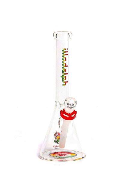 Illadelph 7mm Mini Beaker glass water pipe with red accents, durable 7mm thick glass, and colorful logo design on the beaker base.