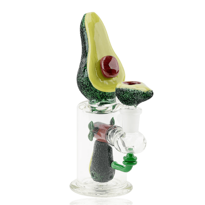 Empire Glassworks - Avocadope Mini Rig water pipe shaped like a realistic avocado with detailed textures and a diffused downstem. Ideal for avocado bong collectors.