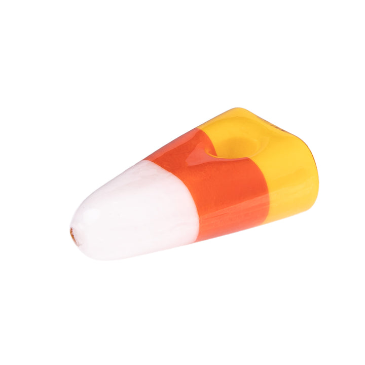 Side view of MJ Arsenal Candy Corn Pipe showing smooth borosilicate glass finish and festive Halloween colors