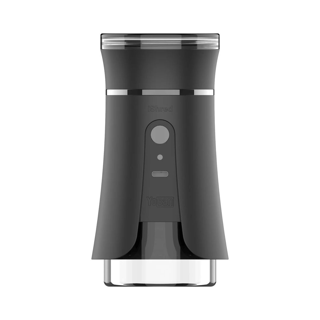 Yocan iShred electric grinder black version showing compact motor housing and one-button control