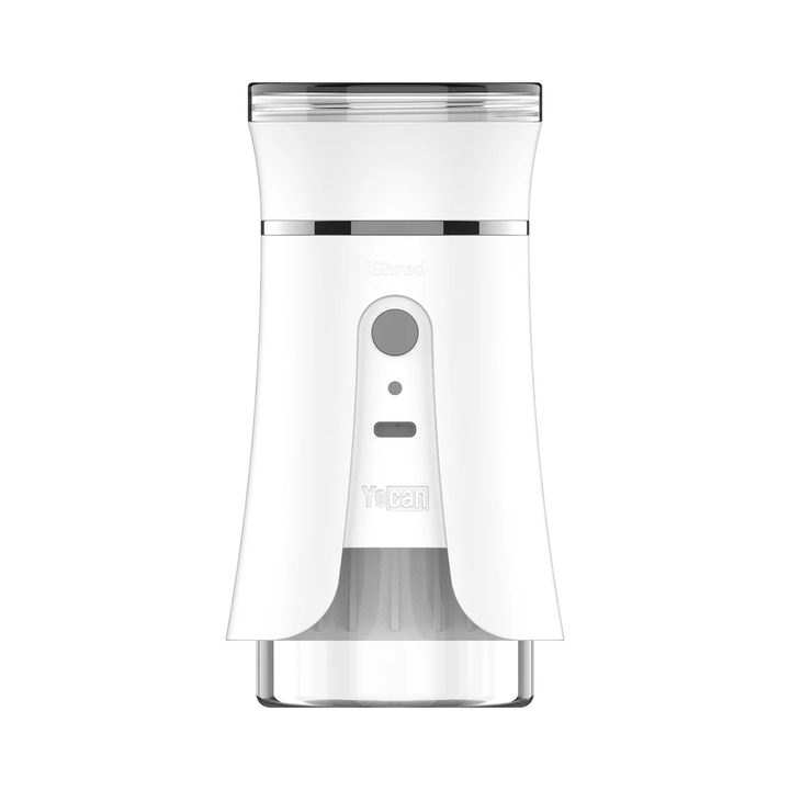 Yocan iShred electric grinder ivory colorway with transparent base for viewing ground material output