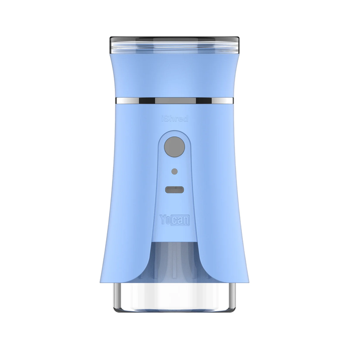 Yocan iShred electric smart grinder in sky blue with USB-C charging and dual-use grind chamber