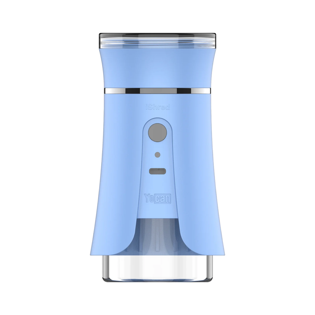 Yocan iShred electric smart grinder in sky blue with USB-C charging and dual-use grind chamber