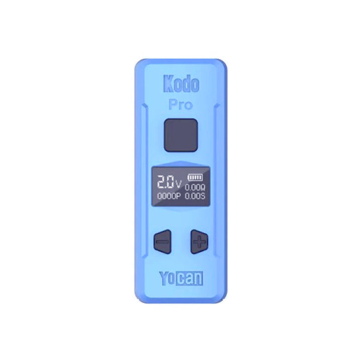 Blue Yocan Kodo Pro Box Mod vape battery with digital display, 400mAh power, and USB-C port, compact and colorful vaporizer battery