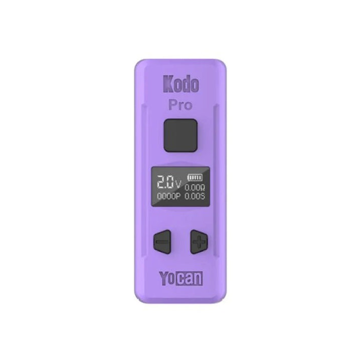 Purple Yocan Kodo Pro Box Mod with 400mAh battery, OLED screen, and USB-C charging, stylish 510-thread vape battery