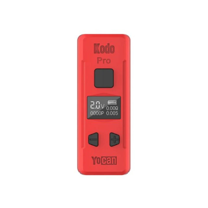 Red Yocan Kodo Pro Box Mod vape battery with OLED screen, USB-C charging, and 400mAh capacity, compact 510-thread vaporizer