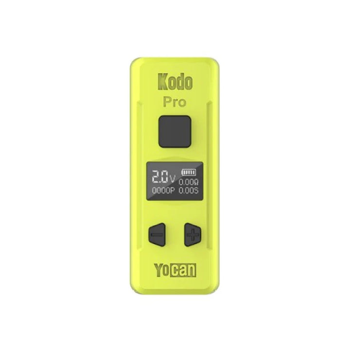 Yellow Yocan Kodo Pro Box Mod featuring 400mAh battery, OLED screen, and USB-C charging, bright and portable vape battery