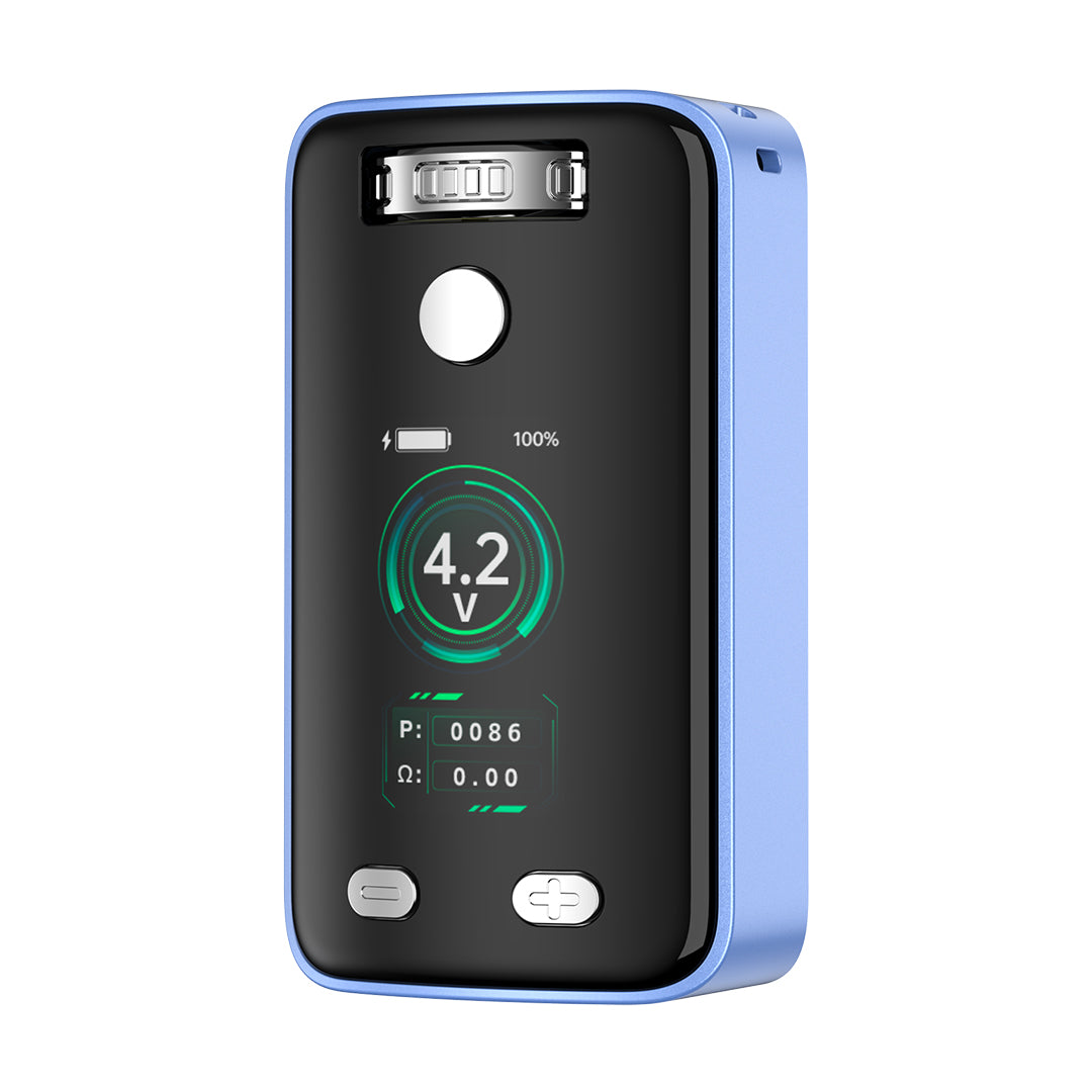 Yocan Uni 3.0 blue cartridge vape with digital screen, showcasing compact design and adjustable voltage for 510 thread cartridges.
