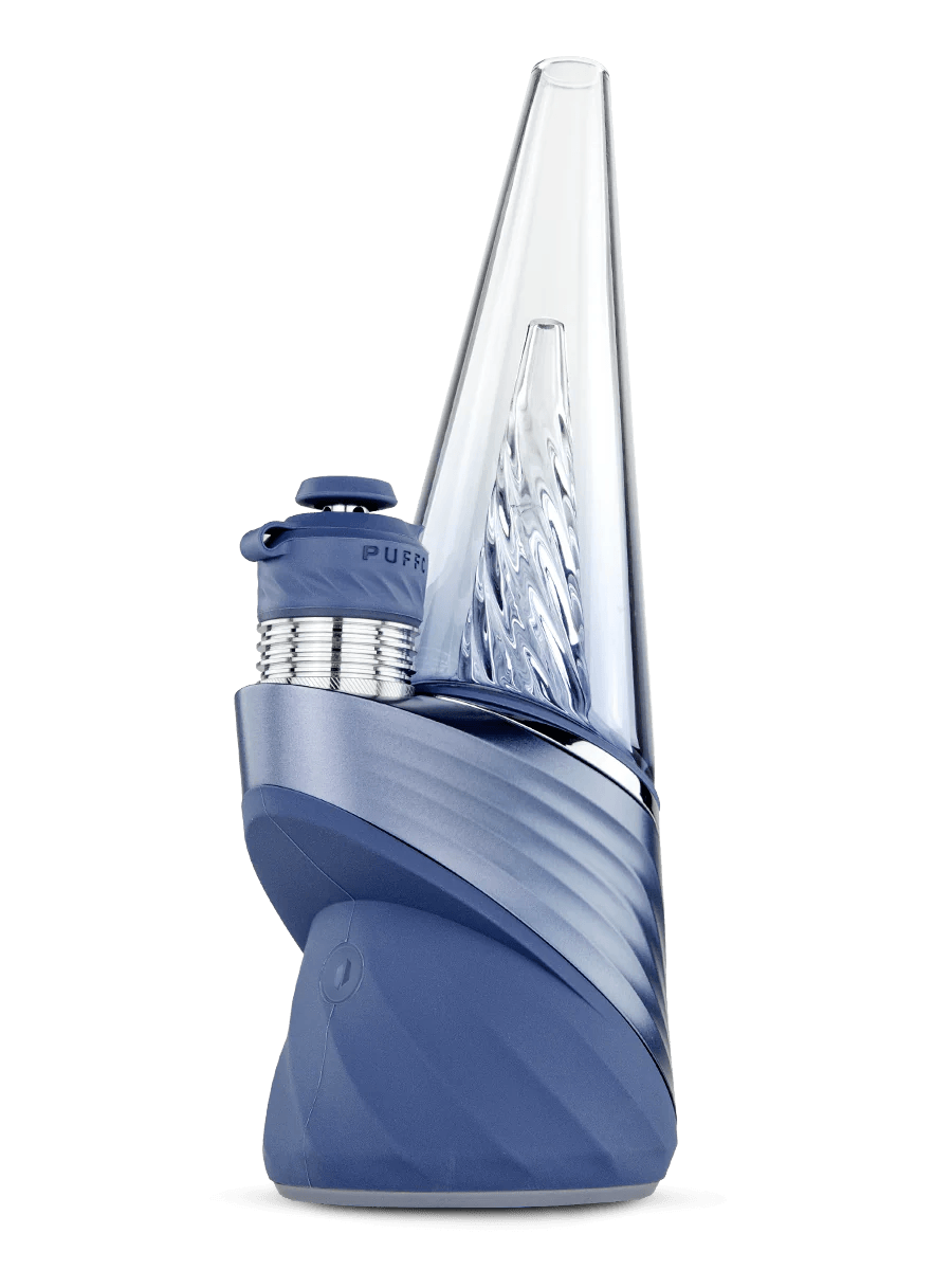 Puffco Peak Pro 3DXL in Storm – blue base with stainless 3DXL chamber and clear cone glass, angled view.