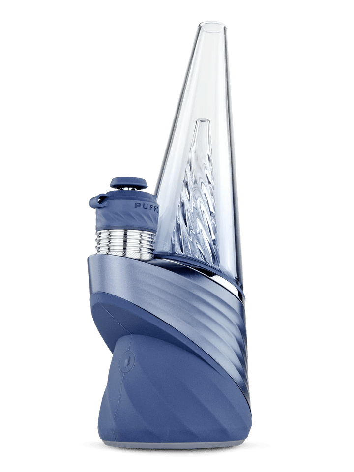 Puffco Peak Pro 3DXL in Storm – blue base with stainless 3DXL chamber and clear cone glass, angled view.