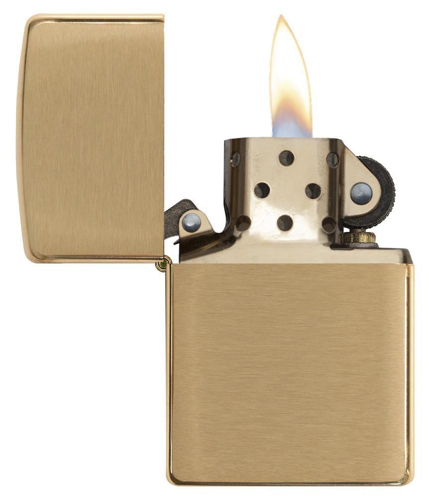 Zippo Brushed Brass Lighter with windproof flame and classic flip-top design. Durable refillable brass lighter with lifetime guarantee.