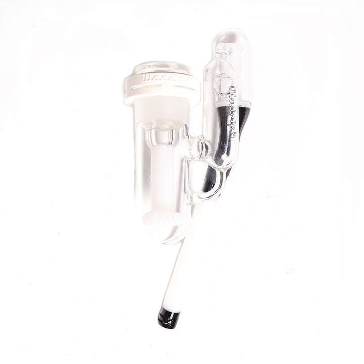 Clear Illadelph Encalmo Disc Ash Catcher with black and white encalmo detailing, featuring precision-crafted 18mm female joint for cleaner sessions.