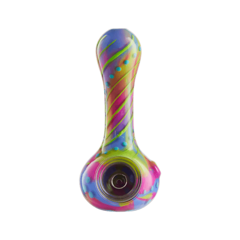 EYCE - Silicone ORAFLEX Spoon Pipe - Floral featuring multicolor neon swirls and raised dot accents, crafted with ORAFLEX dual-layer silicone.
