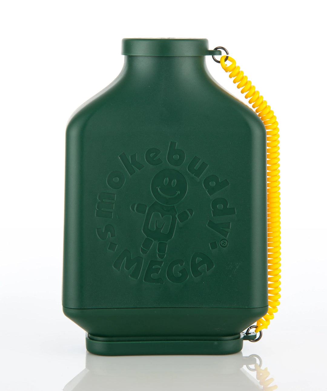 Smoke Buddy MEGA XL personal air filter in Green, front view showing oversized filter body, molded grip lines, and attached yellow travel cap.