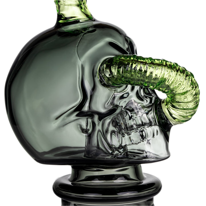 Close-up of Grim Ripper Peak Top green glass worm detail crafted from premium borosilicate glass