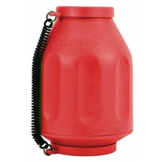 Smoke Buddy Original Personal Air Filter – Red full-size odor eliminator with black wrist strap and travel-friendly design.