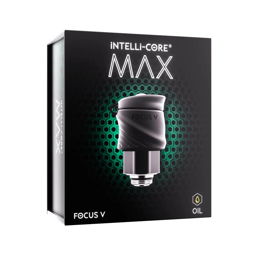 Retail packaging of Focus V Intelli Core Max Atomizer featuring hexagon design and oil compatibility for Black Friday sale.
